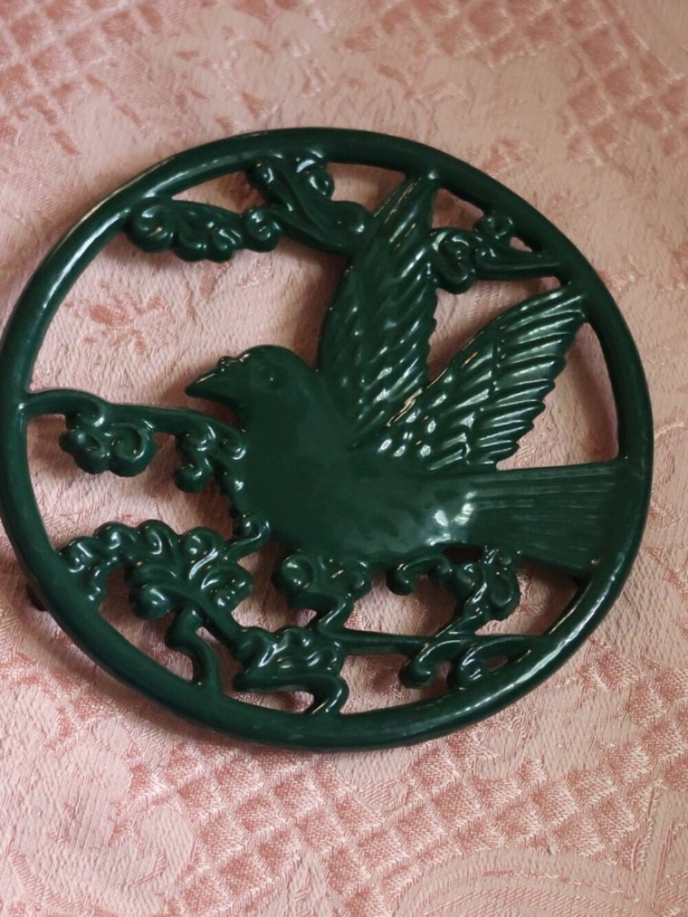 Vintage Forest Green Cast Iron Bird Trivet - Footed Hot Plate / Wall Decor